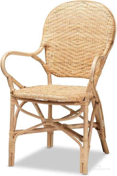 The appearance of Baxton Studio Genna Modern Bohemian Natural Brown Finished Rattan Dining Chair designed by Baxton Studio in the coastal interior design. This natural brown piece of furniture  was selected by 1StopBedrooms from Genna Collection to add a touch of cosiness and style into your home. Sku: RCN004-Rattan-DC. Product Type: Dining Chair. Material: Rattan. Image1