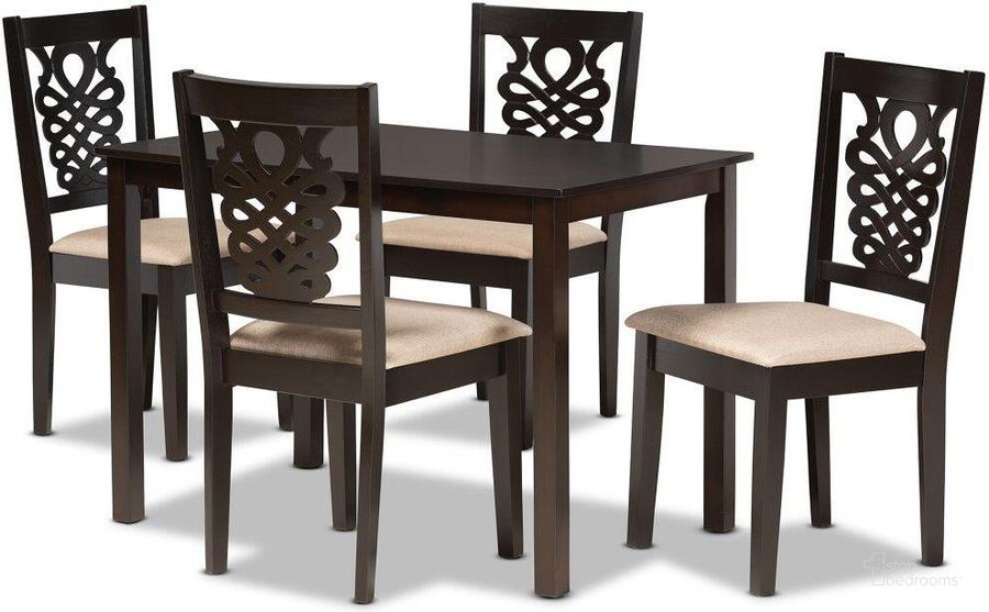 The appearance of Baxton Studio Gervais Modern And Contemporary Sand Fabric Upholstered And Dark Brown Finished Wood 5 Piece Dining Set designed by Baxton Studio in the modern / contemporary interior design. This sand and dark brown piece of furniture  was selected by 1StopBedrooms from Gervais Collection to add a touch of cosiness and style into your home. Sku: RH339C-Sand/Dark Brown-5PC Dining Set. Product Type: Dining Room Set. Material: Rubberwood. Image1