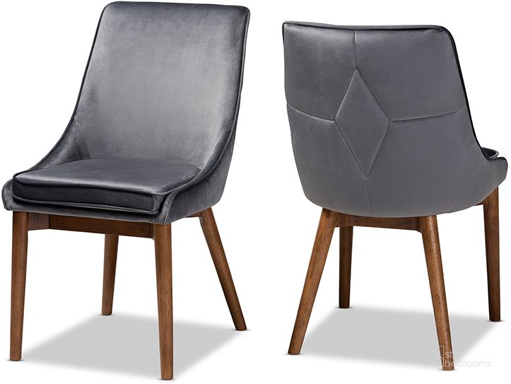 The appearance of Baxton Studio Gilmore Modern and Contemporary Grey Velvet Fabric Upholstered and Walnut Brown Finished Wood 2-Piece Dining Chair Set designed by Baxton Studio in the modern / contemporary interior design. This gray/brown piece of furniture  was selected by 1StopBedrooms from Gilmore Collection to add a touch of cosiness and style into your home. Sku: BBT5381-Grey Velvet/Walnut-DC. Material: Polyester. Product Type: Dining Chair. Image1