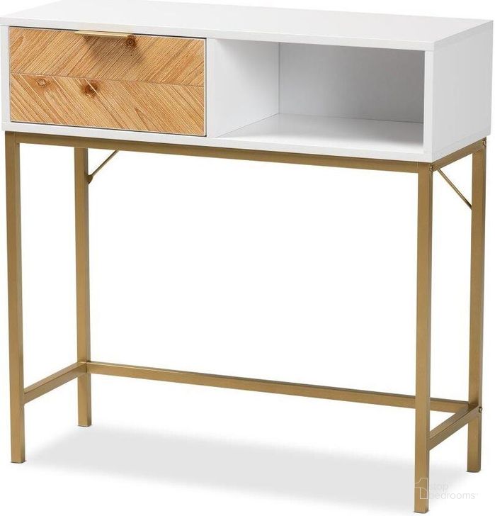The appearance of Baxton Studio Giona Modern And Contemporary Two-Tone Oak Brown And White Finished Wood And Gold Metal 1-Drawer Console Table designed by Baxton Studio in the modern / contemporary interior design. This gold piece of furniture  was selected by 1StopBedrooms from Giona Collection to add a touch of cosiness and style into your home. Sku: LC21020902-White/Gold-Console Table. Product Type: Console Table. Material: MDF. Image1