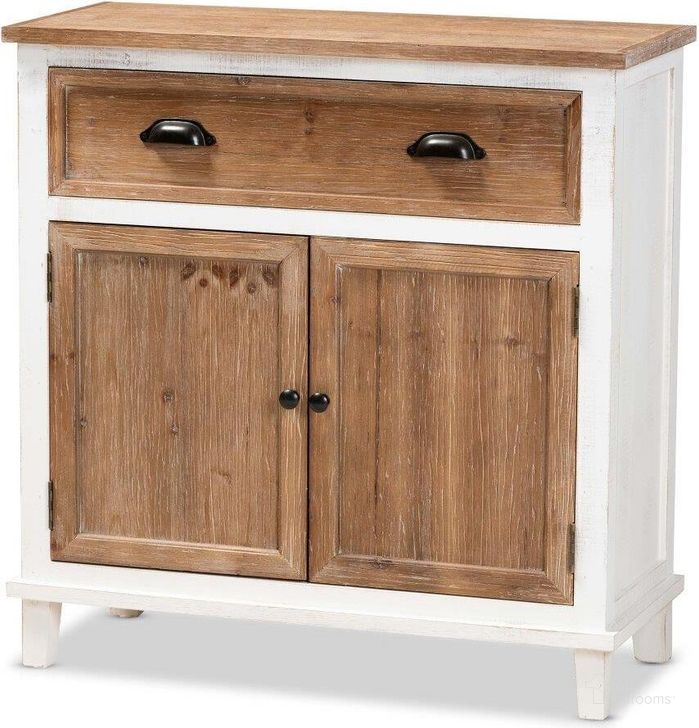 The appearance of Baxton Studio Glynn Rustic Farmhouse Weathered Two Tone White And Oak Brown Finished Wood 2 Door Storage Cabinet designed by Baxton Studio in the rustic / southwestern interior design. This white and brown piece of furniture  was selected by 1StopBedrooms from Glynn Collection to add a touch of cosiness and style into your home. Sku: JY19Y1061-White/Oak-Cabinet. Product Type: Storage Cabinet. Material: MDF. Image1