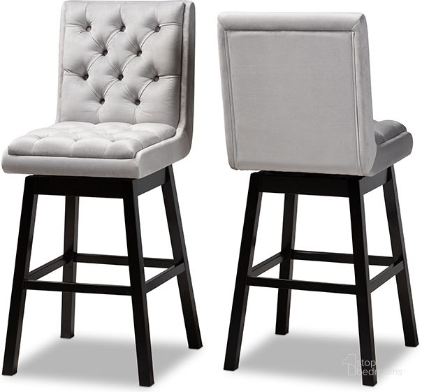 The appearance of Baxton Studio Gregory Modern Transitional Light Grey Velvet Fabric Upholstered and Dark Brown Finished Wood 2-Piece Swivel Bar Stool Set designed by Baxton Studio in the modern / contemporary interior design. This light gray piece of furniture  was selected by 1StopBedrooms from Gregory Collection to add a touch of cosiness and style into your home. Sku: BBT5372-Light Grey Velvet/Wenge-BS. Material: Polyester. Product Type: Barstool. Image1
