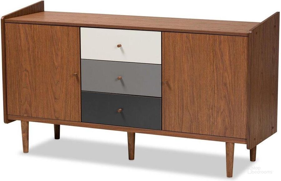 The appearance of Baxton Studio Halden Mid Century Modern Multicolor Walnut Brown And Grey Gradient Finished Wood 2 Door Dining Room Sideboard Buffet designed by Baxton Studio in the transitional interior design. This walnut brown piece of furniture  was selected by 1StopBedrooms from Halden Collection to add a touch of cosiness and style into your home. Sku: FP-11022-Grey/Walnut-Sideboard. Product Type: Buffets, Sideboards and Server. Material: Rubberwood. Image1