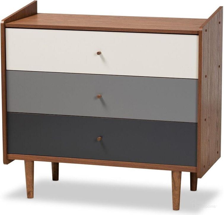 The appearance of Baxton Studio Halden Mid Century Modern Multicolor Walnut Brown And Grey Gradient Finished Wood 3 Drawer Chest designed by Baxton Studio in the transitional interior design. This walnut brown piece of furniture  was selected by 1StopBedrooms from Halden Collection to add a touch of cosiness and style into your home. Sku: FP-11021-Grey/Walnut-3DW-Chest. Product Type: Chest. Material: Rubberwood. Image1