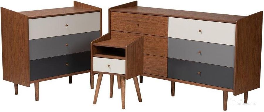 The appearance of Baxton Studio Halden Mid-Century Modern Multicolor Walnut Brown and Grey Gradient Finished Wood 3-Piece Storage Set designed by Baxton Studio in the transitional interior design. This multicolor piece of furniture  was selected by 1StopBedrooms from Halden Collection to add a touch of cosiness and style into your home. Sku: FP-11019-Grey/Walnut-3PC Storage Set. Product Type: Dresser. Material: Rubberwood. Image1