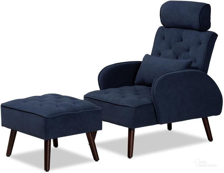 The appearance of Haldis Navy Blue Velvet Fabric Upholstered And Walnut Brown Finished Wood 2-Piece Lounge Chair And Ottoman Set designed by Baxton Studio in the modern / contemporary interior design. This walnut brown piece of furniture  was selected by 1StopBedrooms from Haldis Collection to add a touch of cosiness and style into your home. Sku: T-4-Velvet Navy Blue-Chair/Footstool Set. Material: Wood. Product Type: Chair with Ottoman. Image1