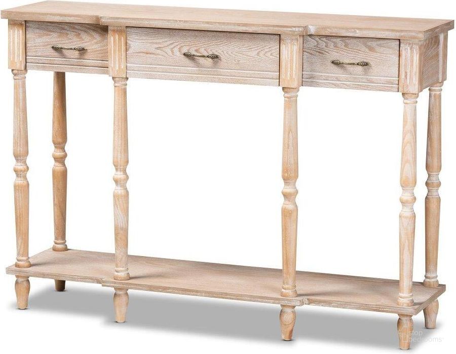 The appearance of Baxton Studio Hallan Classic And Traditional French Provincial Rustic Whitewashed Oak Brown Finished Wood 3 Drawer Console Table designed by Baxton Studio in the traditional interior design. This oak brown piece of furniture  was selected by 1StopBedrooms from Hallan Collection to add a touch of cosiness and style into your home. Sku: JY20A075-Natural-Console. Product Type: Console Table. Material: MDF. Image1