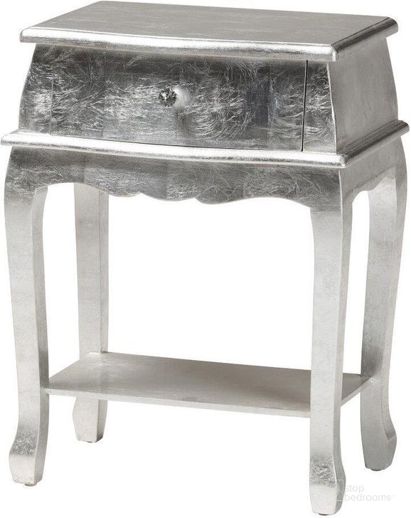 The appearance of Baxton Studio Harriet Classic And Traditional Silver Finished Wood 1-Drawer Nightstand designed by Baxton Studio in the modern / contemporary interior design. This silver piece of furniture  was selected by 1StopBedrooms from Harriet Collection to add a touch of cosiness and style into your home. Sku: JY17A013-Silver-NS. Product Type: Nightstand. Material: MDF. Image1