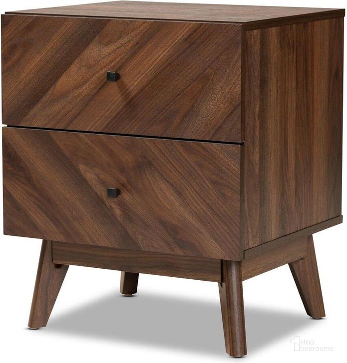The appearance of Baxton Studio Hartman Mid Century Modern Walnut Brown Finished Wood 2 Drawer Nightstand designed by Baxton Studio in the transitional interior design. This walnut brown piece of furniture  was selected by 1StopBedrooms from Hartman Collection to add a touch of cosiness and style into your home. Sku: LV23ST2324WI-Columbia-NS. Product Type: Nightstand. Material: MDF. Image1