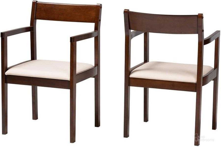 The appearance of Baxton Studio Helene Mid-Century Modern Cream Fabric And Dark Brown Finished Wood 2-Piece Dining Chair Set designed by Baxton Studio in the transitional interior design. This cream piece of furniture  was selected by 1StopBedrooms from Helene Collection to add a touch of cosiness and style into your home. Sku: BW20-07C-Beige/Cappuccino-DC. Product Type: Dining Chair. Material: MDF. Image1