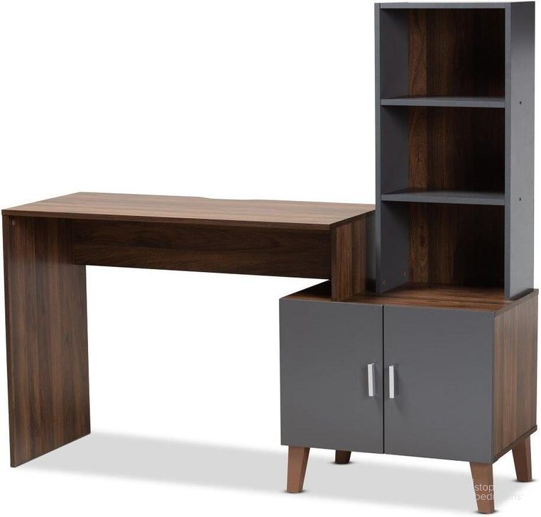 The appearance of Baxton Studio Jaeger Modern And Contemporary Two Tone Walnut Brown And Dark Grey Finished Wood Storage Desk With Shelves designed by Baxton Studio in the modern / contemporary interior design. This grey and walnut piece of furniture  was selected by 1StopBedrooms from Jaeger Collection to add a touch of cosiness and style into your home. Sku: SESD8019WI-Columbia/Dark Grey-Desk. Product Type: Desk. Material: MDF. Image1