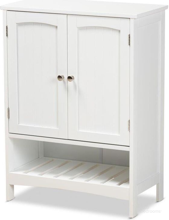 The appearance of Baxton Studio Jaela Modern And Contemporary White Finished Wood 2 Door Bathroom Storage Cabinet designed by Baxton Studio in the modern / contemporary interior design. This white piece of furniture  was selected by 1StopBedrooms from Jaela Collection to add a touch of cosiness and style into your home. Sku: SR203101-White-Cabinet. Material: MDF. Product Type: Bathroom Storage. Image1
