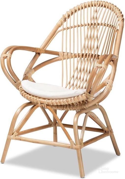 The appearance of Baxton Studio Jayden Modern Bohemian White Fabric Upholstered and Natural Brown Finished Rattan Accent Chair designed by Baxton Studio in the coastal interior design. This natural brown piece of furniture  was selected by 1StopBedrooms from Jayden Collection to add a touch of cosiness and style into your home. Sku: Jayden-Rattan-CC. Product Type: Accent Chair. Material: Rattan. Image1