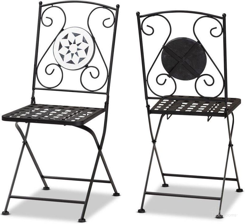 The appearance of Baxton Studio Julius Modern and Contemporary Black Finished Metal and Multi-Colored Glass 2-Piece Outdoor Dining Chair Set designed by Baxton Studio in the modern / contemporary interior design. This black piece of furniture  was selected by 1StopBedrooms from Julius Collection to add a touch of cosiness and style into your home. Sku: H01-100347 Mosaic Chair. Material: Metal. Product Type: Outdoor Dining Chair. Image1