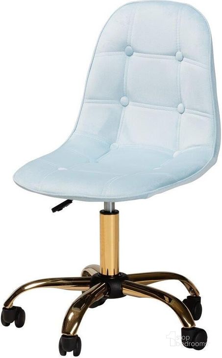 The appearance of Baxton Studio Kabira Contemporary Glam And Luxe Aqua Velvet Fabric And Gold Metal Swivel Office Chair designed by Baxton Studio in the glam interior design. This aqua piece of furniture  was selected by 1StopBedrooms from Kabira Collection to add a touch of cosiness and style into your home. Sku: NF02-Aqua Velvet/Gold-Office Chair. Product Type: Office Chair. Material: Plywood. Image1