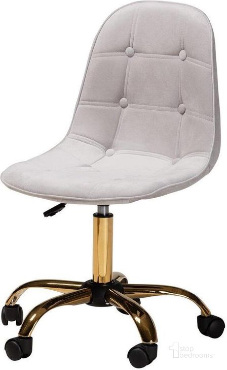 The appearance of Baxton Studio Kabira Contemporary Glam And Luxe Grey Velvet Fabric And Gold Metal Swivel Office Chair designed by Baxton Studio in the glam interior design. This grey piece of furniture  was selected by 1StopBedrooms from Kabira Collection to add a touch of cosiness and style into your home. Sku: NF02-Grey Velvet/Gold-Office Chair. Product Type: Office Chair. Material: Plywood. Image1