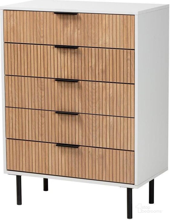 The appearance of Baxton Studio Karima Mid Century Modern Two Tone White and Natural Brown Finished Wood and Black Metal 5 Drawer Storage Cabinet designed by Baxton Studio in the transitional interior design. This white/brown piece of furniture  was selected by 1StopBedrooms from Karima Collection to add a touch of cosiness and style into your home. Sku: LCF20158-White/Tan-5DW-Cabinet. Material: Wood. Product Type: Storage Cabinet. Image1