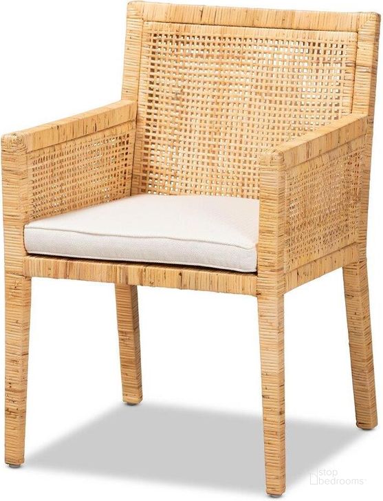 The appearance of Baxton Studio Karis Modern and Contemporary Natural Finished Wood and Rattan Dining Chair designed by Baxton Studio in the modern / contemporary interior design. This natural and white piece of furniture  was selected by 1StopBedrooms from Karis Collection to add a touch of cosiness and style into your home. Sku: Karis-Natural-DC. Product Type: Arm Chair. Material: Rattan. Image1