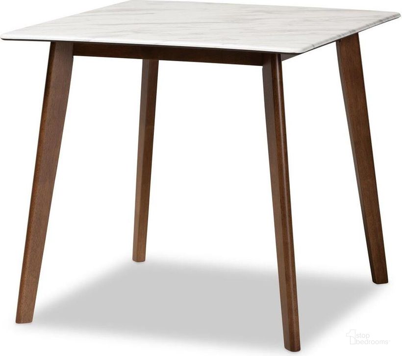 The appearance of Baxton Studio Kaylee Mid Century Modern Transitional Walnut Brown Finished Wood Dining Table With Faux Marble Tabletop designed by Baxton Studio in the transitional interior design. This walnut brown piece of furniture  was selected by 1StopBedrooms from Kaylee Collection to add a touch of cosiness and style into your home. Sku: Kaylee-Marble/Walnut-DT. Table Base Style: Legs. Table Top Shape: Square. Product Type: Dining Table. Material: Rubberwood. Size: 32". Image1