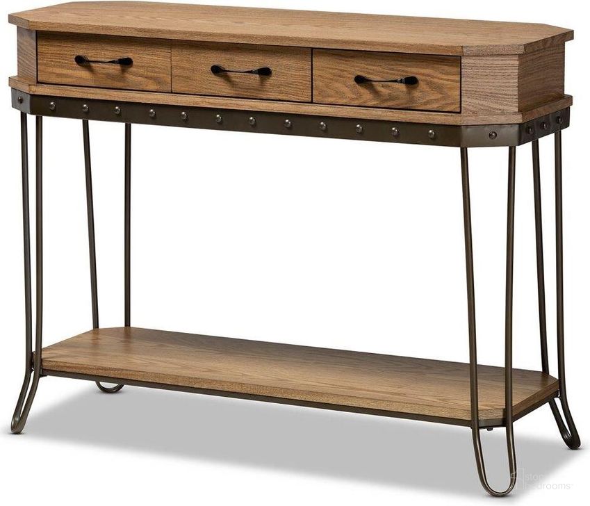 The appearance of Baxton Studio Kellyn Vintage Rustic Industrial Oak Brown Finished Wood And Black Finished Metal 3 Drawer Console Table designed by Baxton Studio in the rustic / southwestern interior design. This oak brown piece of furniture  was selected by 1StopBedrooms from Kellyn Collection to add a touch of cosiness and style into your home. Sku: JY20A066-Oak-Console. Product Type: Console Table. Material: MDF. Image1