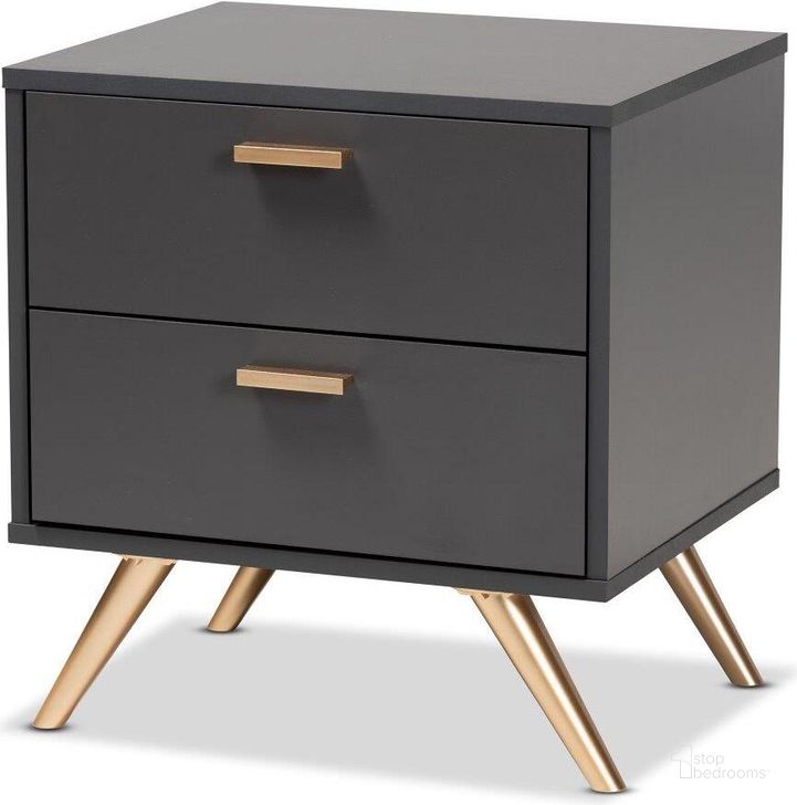 The appearance of Baxton Studio Kelson Modern And Contemporary Dark Grey And Gold Finished Wood 2 Drawer Nightstand designed by Baxton Studio in the modern / contemporary interior design. This dark grey piece of furniture  was selected by 1StopBedrooms from Kelson Collection to add a touch of cosiness and style into your home. Sku: LV19ST1924-Dark Grey-NS. Product Type: Nightstand. Material: MDF. Image1