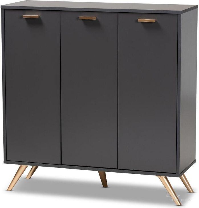 The appearance of Baxton Studio Kelson Modern And Contemporary Dark Grey And Gold Finished Wood 3 Door Shoe Cabinet designed by Baxton Studio in the modern / contemporary interior design. This dark grey piece of furniture  was selected by 1StopBedrooms from Kelson Collection to add a touch of cosiness and style into your home. Sku: LV19SC1915-Dark Grey-Shoe Cabinet. Material: MDF. Product Type: Shoe Cabinet. Image1