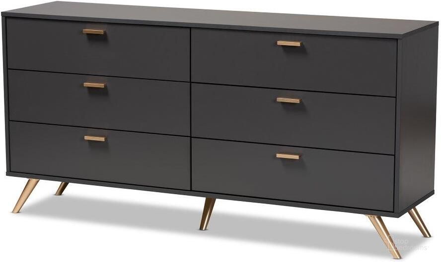 The appearance of Baxton Studio Kelson Modern And Contemporary Dark Grey And Gold Finished Wood 6 Drawer Dresser designed by Baxton Studio in the modern / contemporary interior design. This dark grey piece of furniture  was selected by 1StopBedrooms from Kelson Collection to add a touch of cosiness and style into your home. Sku: LV19COD19231-Dark Grey-6DW-Dresser. Product Type: Dresser. Material: MDF. Image1