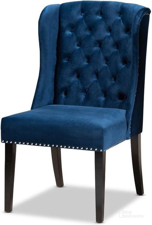 The appearance of Baxton Studio Lamont Modern Contemporary Transitional Navy Blue Velvet Fabric Upholstered And Dark Brown Finished Wood Wingback Dining Chair designed by Baxton Studio in the modern / contemporary interior design. This brown piece of furniture  was selected by 1StopBedrooms from Lamont Collection to add a touch of cosiness and style into your home. Sku: WS-W158-Navy Blue Velvet/Espresso-DC. Product Type: Dining Chair. Material: Rubberwood. Image1