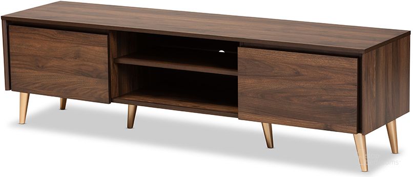 The appearance of Baxton Studio Landen Mid-Century Modern Walnut Brown and Gold Finished Wood TV Stand designed by Baxton Studio in the transitional interior design. This walnut brown piece of furniture  was selected by 1StopBedrooms from Landen Collection to add a touch of cosiness and style into your home. Sku: LV10TV1013WI-Columbia/Gold-TV. Product Type: TV Stand. Material: MDF. Image1