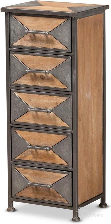The appearance of Baxton Studio Laurel Rustic Industrial Antique Grey Finished Metal And Whitewashed Oak Brown Finished Wood 5 Drawer Accent Storage Cabinet designed by Baxton Studio in the rustic / southwestern interior design. This brown and grey piece of furniture  was selected by 1StopBedrooms from Laurel Collection to add a touch of cosiness and style into your home. Sku: AM19134-Oak/Grey-5DW-Cabinet. Material: Wood. Product Type: Storage Cabinet. Image1