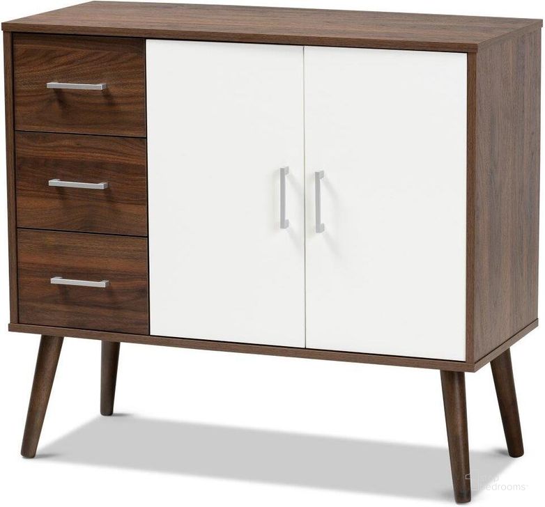 The appearance of Baxton Studio Leena Mid-Century Modern Two-Tone White and Walnut Brown Finished Wood 3-Drawer Sideboard Buffet designed by Baxton Studio in the transitional interior design. This white piece of furniture  was selected by 1StopBedrooms from Leena Collection to add a touch of cosiness and style into your home. Sku: CA 5790-00-Columbia/White-Sideboard. Product Type: Buffets, Sideboards and Server. Material: Rubberwood. Image1