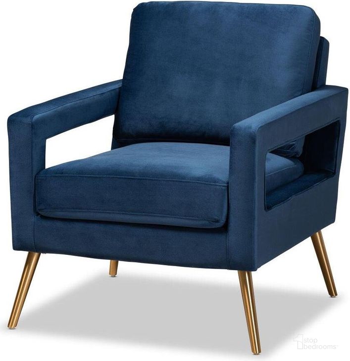 The appearance of Baxton Studio Leland Glam And Luxe Navy Blue Velvet Fabric Upholstered And Gold Finished Armchair designed by Baxton Studio in the glam interior design. This navy blue piece of furniture  was selected by 1StopBedrooms from Leland Collection to add a touch of cosiness and style into your home. Sku: TSF-6729-Navy Blue/Gold-CC. Product Type: Arm Chair. Material: MDF. Image1