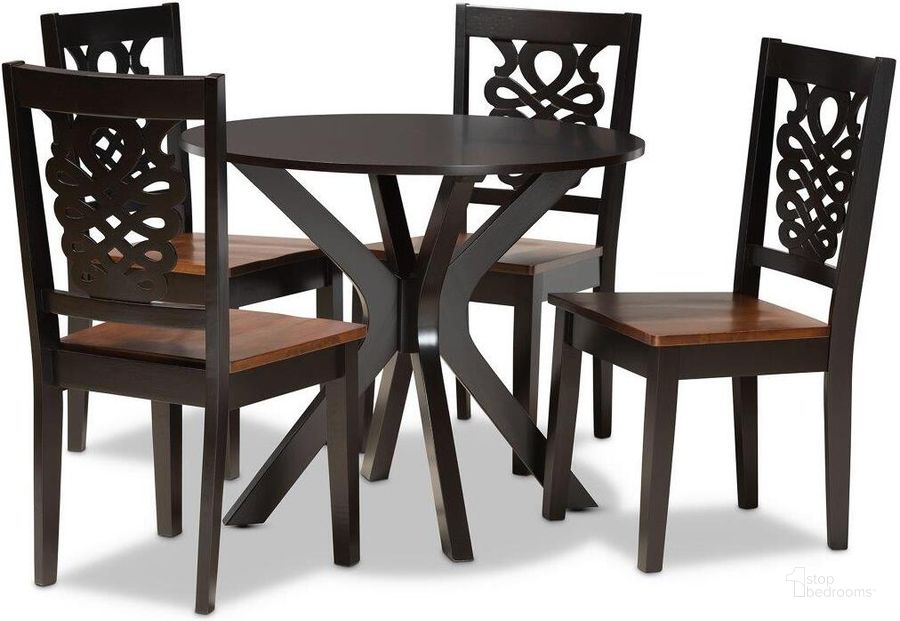 The appearance of Baxton Studio Liese Modern And Contemporary Transitional Two Tone Dark Brown And Walnut Brown Finished Wood 5 Piece Dining Set designed by Baxton Studio in the modern / contemporary interior design. This walnut brown piece of furniture  was selected by 1StopBedrooms from Liese Collection to add a touch of cosiness and style into your home. Sku: Liese-Dark Brown/Walnut-5PC Dining Set. Product Type: Dining Room Set. Material: Rubberwood. Image1