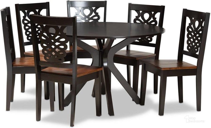 The appearance of Baxton Studio Liese Modern And Contemporary Transitional Two Tone Dark Brown And Walnut Brown Finished Wood 7 Piece Dining Set designed by Baxton Studio in the modern / contemporary interior design. This walnut brown piece of furniture  was selected by 1StopBedrooms from Liese Collection to add a touch of cosiness and style into your home. Sku: Liese-Dark Brown/Walnut-7PC Dining Set. Product Type: Dining Room Set. Material: Rubberwood. Image1