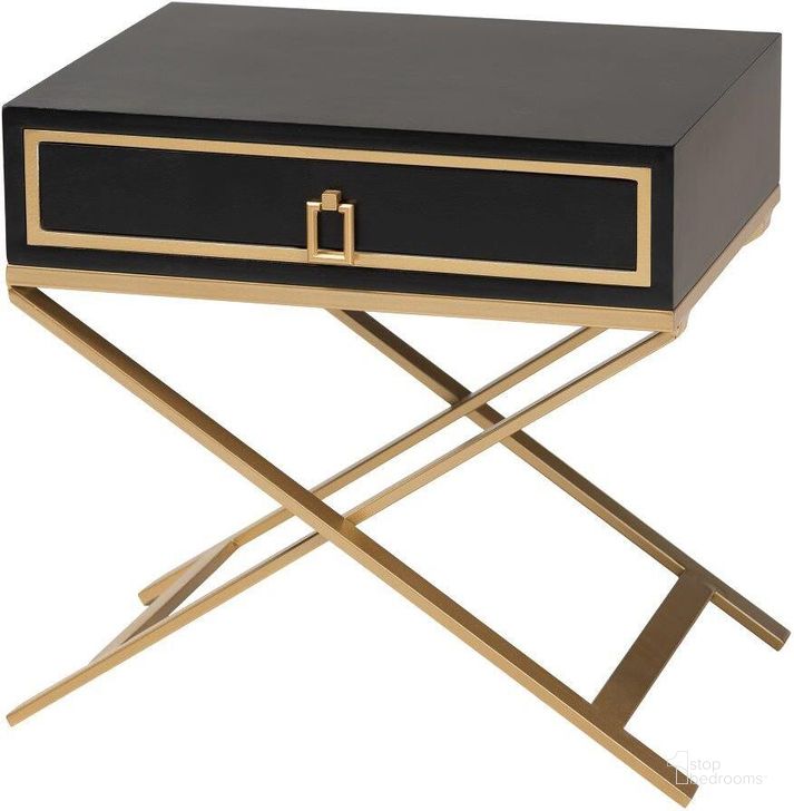 The appearance of Baxton Studio Lilibet Modern Glam and Luxe Black Finished Wood and Gold Metal 1 Drawer End Table designed by Baxton Studio in the glam interior design. This black/gold piece of furniture  was selected by 1StopBedrooms from Lilibet Collection to add a touch of cosiness and style into your home. Sku: JY21B018-Black/Gold-ET. Product Type: End Table. Material: Iron. Image1