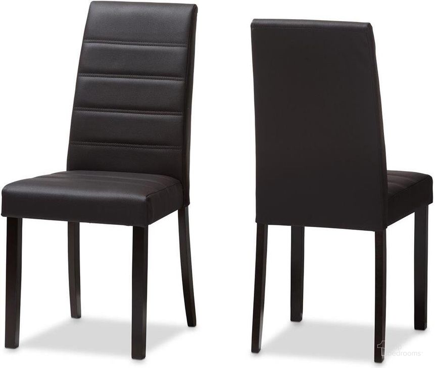 The appearance of Baxton Studio Lorelle Modern And Contemporary Brown Faux Leather Upholstered Dining Chair Set Of 2 designed by Baxton Studio in the modern / contemporary interior design. This dark brown piece of furniture  was selected by 1StopBedrooms from Lorelle Collection to add a touch of cosiness and style into your home. Sku: LW22-Brown-DC. Product Type: Dining Chair. Material: Rubberwood. Image1