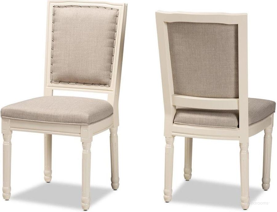 The appearance of Baxton Studio Louane Traditional French Inspired Grey Fabric Upholstered And White Finished Wood 2 Piece Dining Chair Set designed by Baxton Studio in the traditional interior design. This grey/white piece of furniture  was selected by 1StopBedrooms from Louane Collection to add a touch of cosiness and style into your home. Sku: W-LOUIS-R-02-Off White/Grey-Chair. Material: Wood. Product Type: Dining Chair. Image1