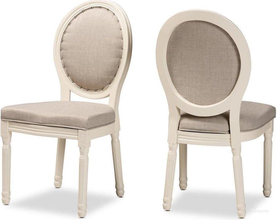 The appearance of Baxton Studio Louis Traditional French Inspired Grey Fabric Upholstered And White Finished Wood 2 Piece Dining Chair Set designed by Baxton Studio in the traditional interior design. This grey/white piece of furniture  was selected by 1StopBedrooms from Louis Collection to add a touch of cosiness and style into your home. Sku: W-LOUIS-O-01-Off White/Grey-Chair. Material: Wood. Product Type: Dining Chair. Image1