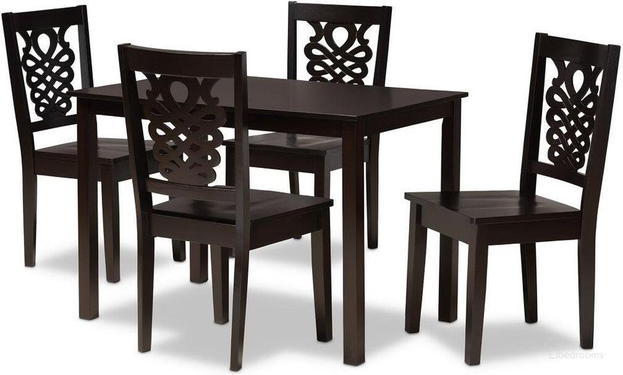 The appearance of Baxton Studio Luisa Modern And Contemporary Transitional Dark Brown Finished Wood 5 Piece Dining Set designed by Baxton Studio in the modern / contemporary interior design. This dark brown piece of furniture  was selected by 1StopBedrooms from Luisa Collection to add a touch of cosiness and style into your home. Sku: Luisa-Dark Brown-5PC Dining Set. Product Type: Dining Room Set. Material: Rubberwood. Image1