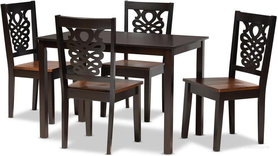 The appearance of Baxton Studio Luisa Modern And Contemporary Two Tone Dark Brown And Walnut Brown Finished Wood 5 Piece Dining Set designed by Baxton Studio in the modern / contemporary interior design. This walnut brown piece of furniture  was selected by 1StopBedrooms from Luisa Collection to add a touch of cosiness and style into your home. Sku: Luisa-Dark Brown/Walnut-5PC Dining Set. Product Type: Dining Room Set. Material: Rubberwood. Image1