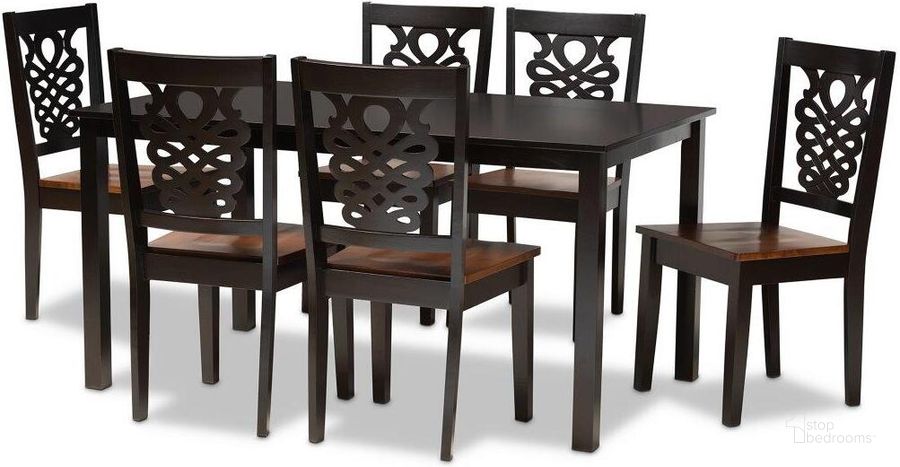 The appearance of Baxton Studio Luisa Modern And Contemporary Two Tone Dark Brown And Walnut Brown Finished Wood 7 Piece Dining Set designed by Baxton Studio in the modern / contemporary interior design. This walnut brown piece of furniture  was selected by 1StopBedrooms from Luisa Collection to add a touch of cosiness and style into your home. Sku: Luisa-Dark Brown/Walnut-7PC Dining Set. Product Type: Dining Room Set. Material: Rubberwood. Image1