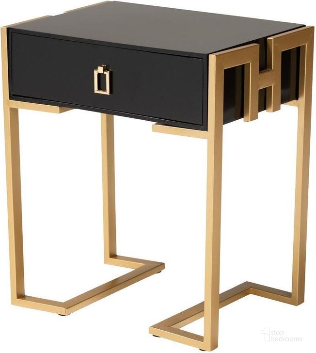 The appearance of Baxton Studio Luna Contemporary Glam and Luxe Black Finished Wood and Gold Metal End Table designed by Baxton Studio in the glam interior design. This black/gold piece of furniture  was selected by 1StopBedrooms from Luna Collection to add a touch of cosiness and style into your home. Sku: JY21A016-Wood/Metal-Black/Gold-ET. Product Type: End Table. Material: MDF. Image1