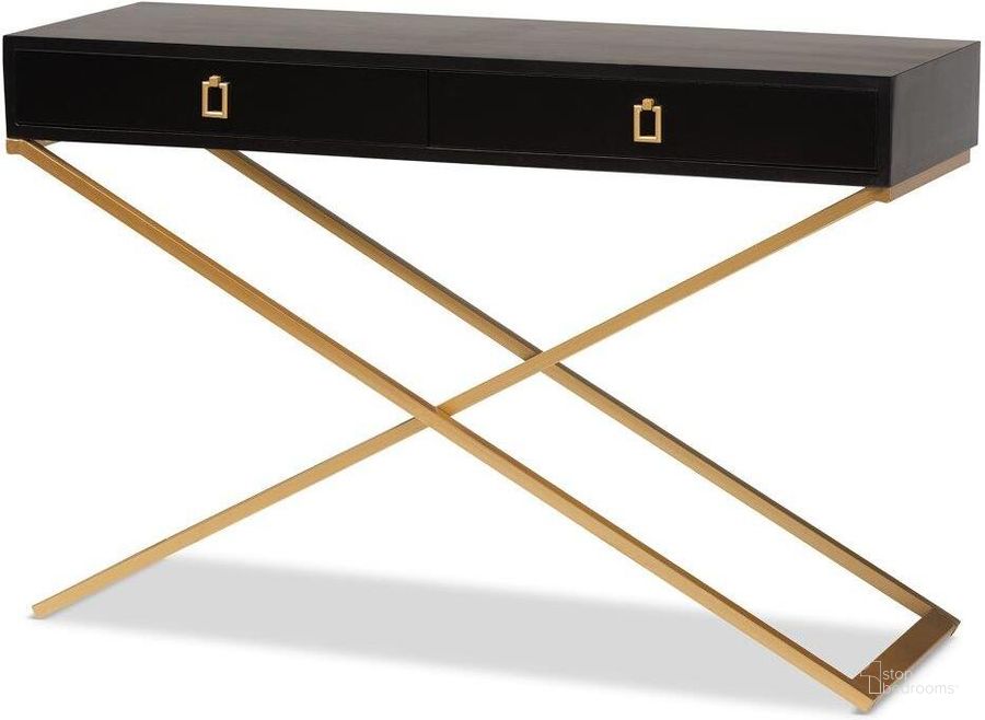 The appearance of Baxton Studio Madan Modern And Contemporary Black Finished Wood And Gold Metal 2-Drawer Console Table designed by Baxton Studio in the modern / contemporary interior design. This black and gold piece of furniture  was selected by 1StopBedrooms from Madan Collection to add a touch of cosiness and style into your home. Sku: JY20B169-Black/Gold. Product Type: Console Table. Material: MDF. Image1