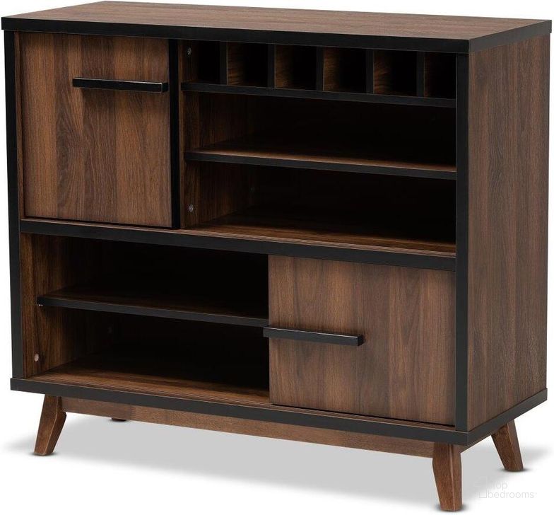 The appearance of Baxton Studio Margo Mid-Century Modern Two-Tone Walnut Brown and Black Finished Wood Wine Storage Cabinet designed by Baxton Studio in the transitional interior design. This black piece of furniture  was selected by 1StopBedrooms from Margo Collection to add a touch of cosiness and style into your home. Sku: RT676-OCC-Walnut/Black-Cabinet. Product Type: Storage Cabinet. Material: Rubberwood. Image1