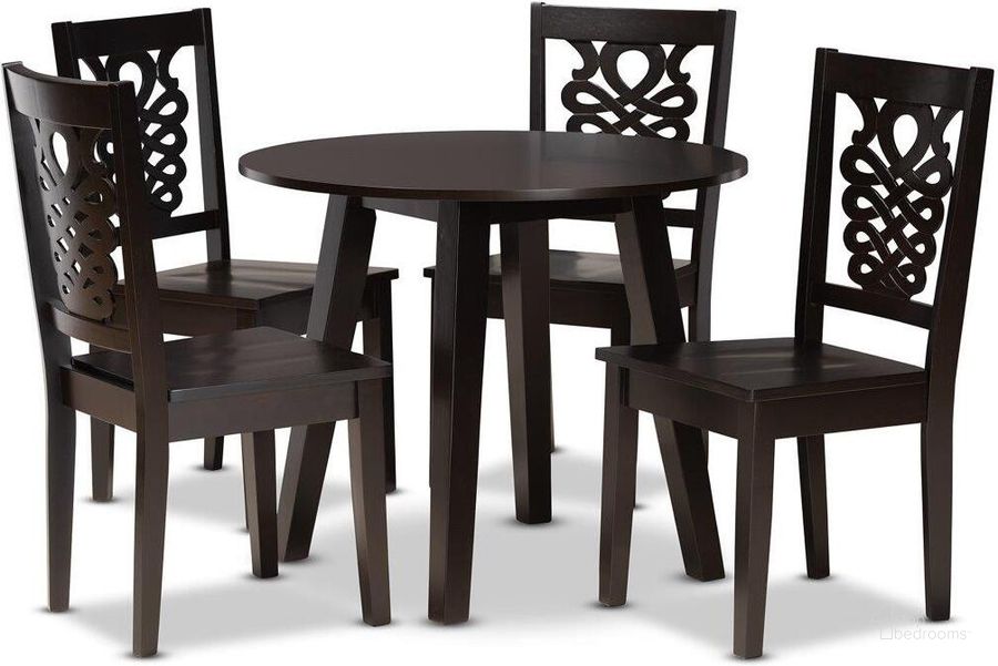 The appearance of Baxton Studio Mina Modern And Contemporary Transitional Dark Brown Finished Wood 5 Piece Dining Set designed by Baxton Studio in the modern / contemporary interior design. This dark brown piece of furniture  was selected by 1StopBedrooms from Mina Collection to add a touch of cosiness and style into your home. Sku: Mina-Dark Brown-5PC Dining Set. Product Type: Dining Room Set. Material: Rubberwood. Image1