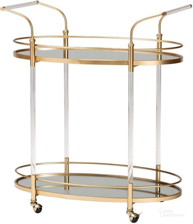 The appearance of Baxton Studio Nakano Contemporary Glam and Luxe Gold Metal and Mirrored Glass 2-Tier Wine Cart designed by Baxton Studio in the glam interior design. This gold piece of furniture  was selected by 1StopBedrooms from Nakano Collection to add a touch of cosiness and style into your home. Sku: JY21A021-Gold-Cart. Product Type: Bar Cart. Material: Iron. Image1
