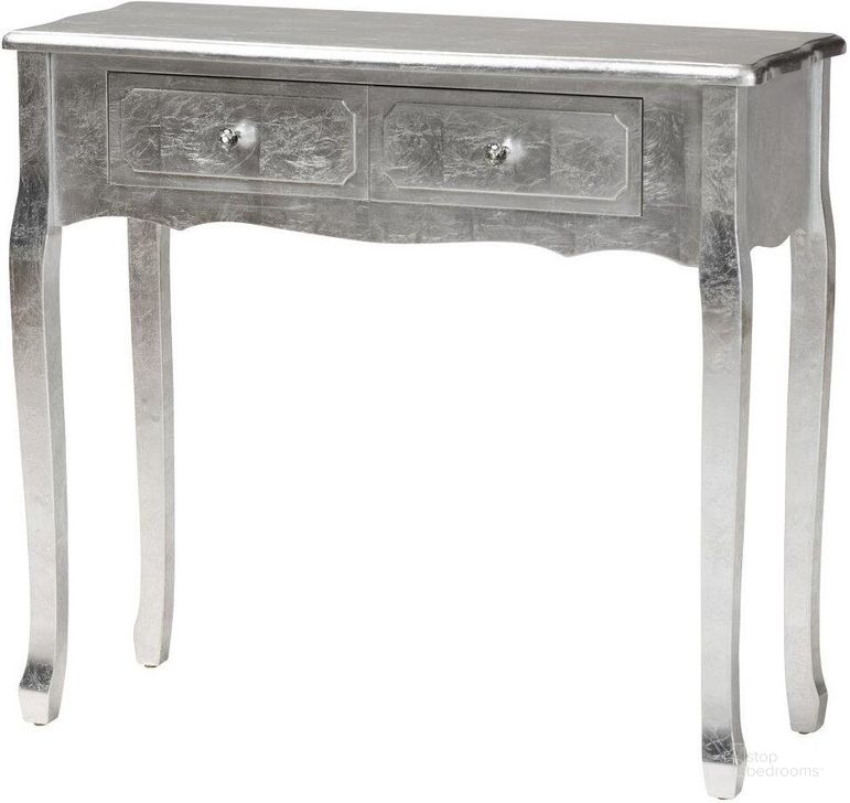 The appearance of Baxton Studio Newton Classic And Traditional Silver Finished Wood 2-Drawer Console Table designed by Baxton Studio in the traditional interior design. This silver piece of furniture  was selected by 1StopBedrooms from Newton Collection to add a touch of cosiness and style into your home. Sku: JY18A091-Silver-Console. Product Type: Console Table. Material: MDF. Image1