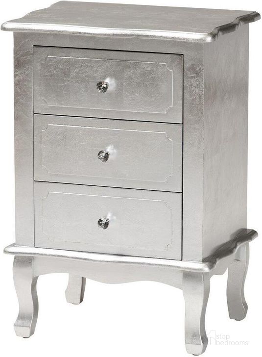 The appearance of Baxton Studio Newton Classic And Traditional Silver Finished Wood 3-Drawer Nightstand designed by Baxton Studio in the modern / contemporary interior design. This silver piece of furniture  was selected by 1StopBedrooms from Newton Collection to add a touch of cosiness and style into your home. Sku: JY18A094-Silver-NS. Product Type: Nightstand. Material: MDF. Image1