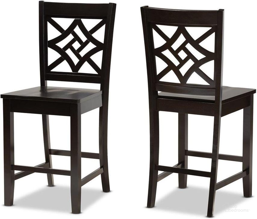 The appearance of Baxton Studio Nicolette Modern And Contemporary Transitional Dark Brown Finished Wood 2 Piece Counter Stool Set designed by Baxton Studio in the modern / contemporary interior design. This dark brown piece of furniture  was selected by 1StopBedrooms from Nicolette Collection to add a touch of cosiness and style into your home. Sku: RH340P-Dark Brown Wood Scoop Seat-PC. Product Type: Barstool. Material: Rubberwood. Image1
