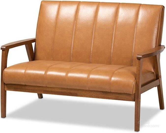 The appearance of Baxton Studio Nikko Mid-century Modern Tan Faux Leather Upholstered and Walnut Brown finished Wood Loveseat designed by Baxton Studio in the transitional interior design. This tan piece of furniture  was selected by 1StopBedrooms from Nikko Collection to add a touch of cosiness and style into your home. Sku: BBT8011A2-Tan Loveseat. Product Type: Loveseat. Material: MDF. Image1